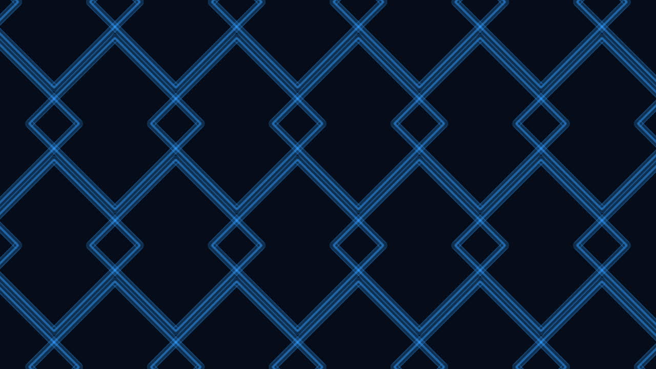 Filmato astratto di un motivo a griglia di diamanti blu neon su uno sfondo scuro, con linee intersecanti luminose che formano una texture geometrica senza soluzione di continuità per elementi visivi di tecnologia.