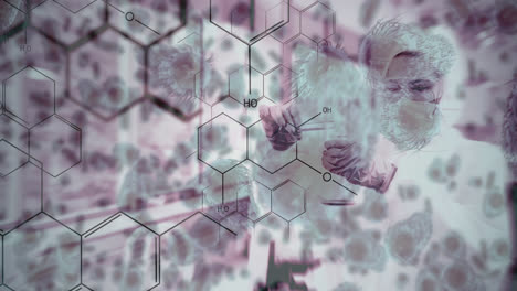 composición científica mujer en el laboratorio, fórmulas químicas ilustradas y animadas