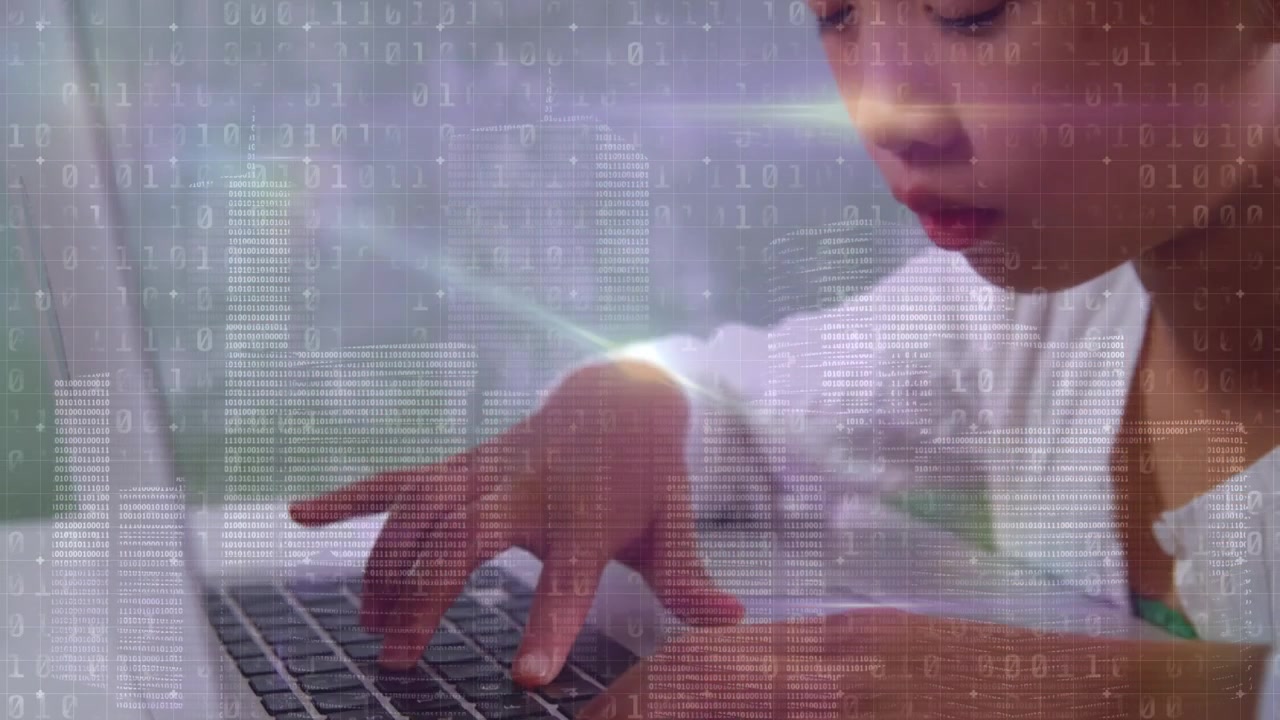 Binary coding data processing against mid section of man using laptop