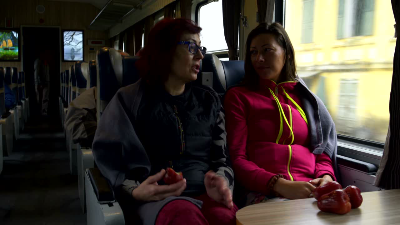 en el tren, las mujeres se sientan y hablan. el hombre viene del tambor al vagón del tren