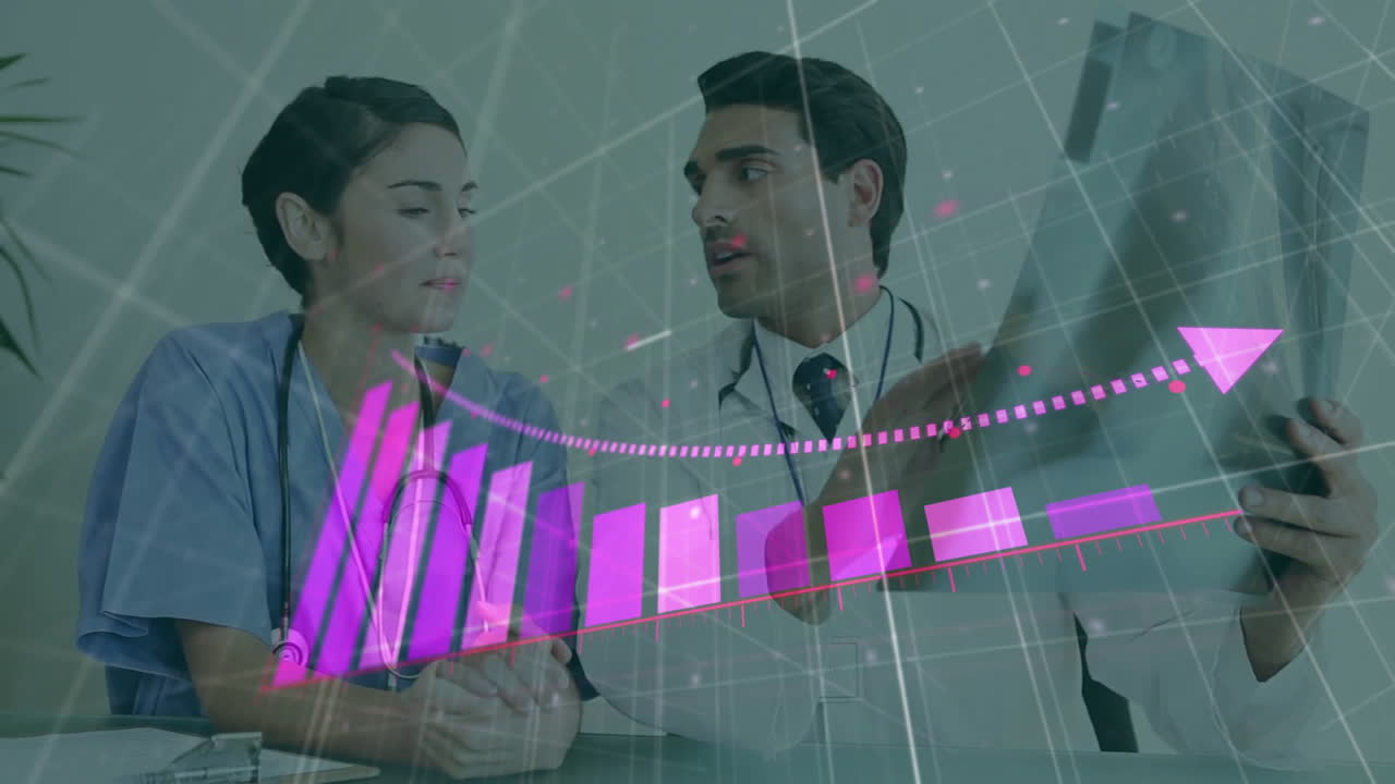 Doctors discussing patient data with bar graph animation over them