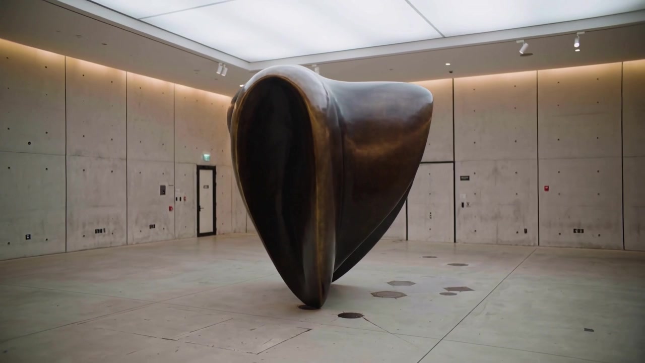 Panorerende kamera der svinger til højre i galleriet, med fokus på en abstrakt bronzeskulpturs hule kavitet og ben