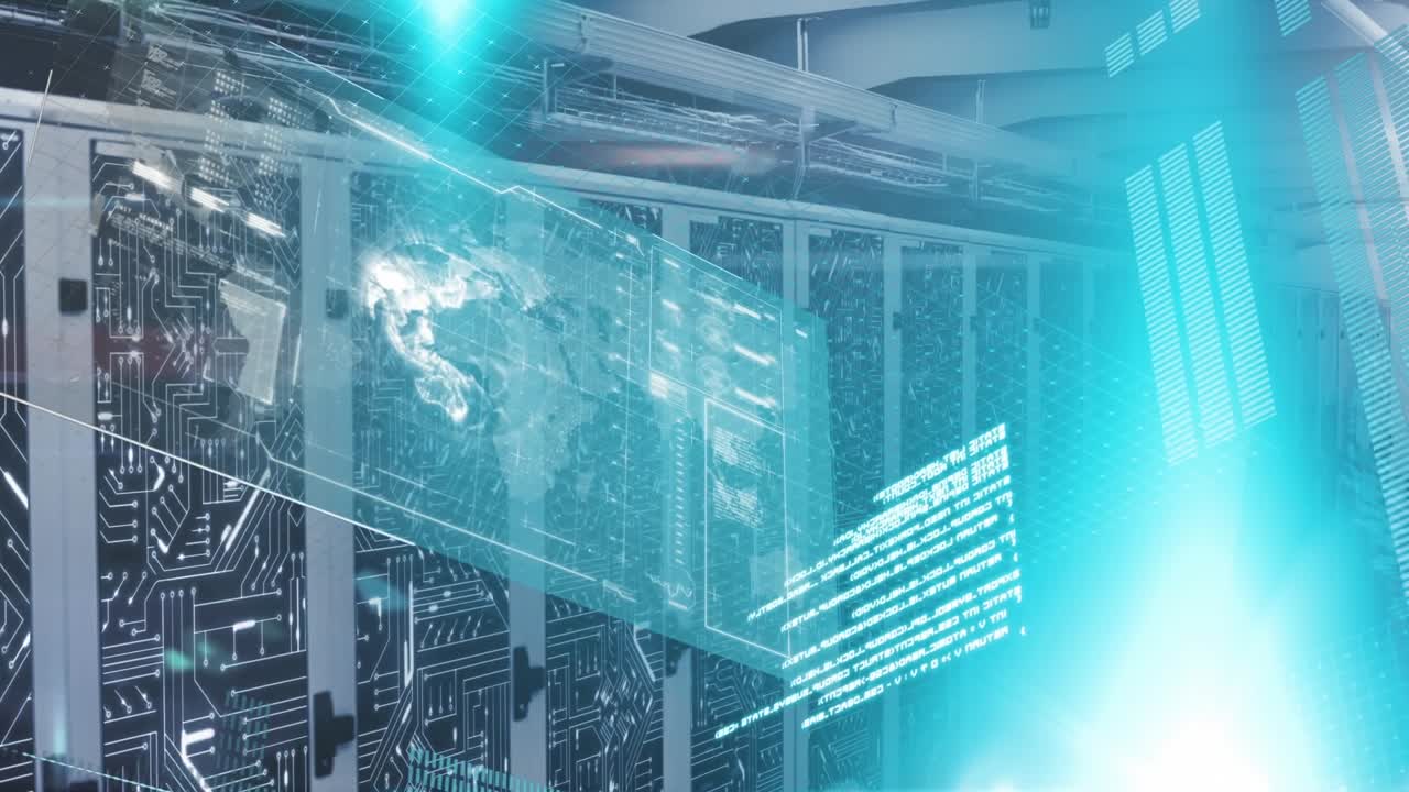 Animation of blue light spot and screens with data processing against computer server room