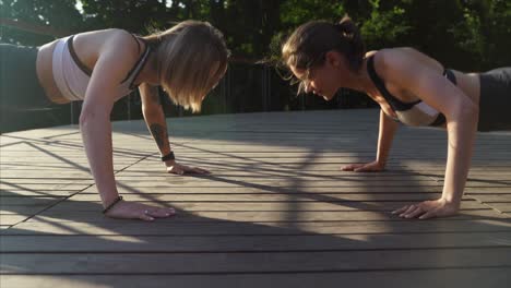 two women doing plank exercise outdoors