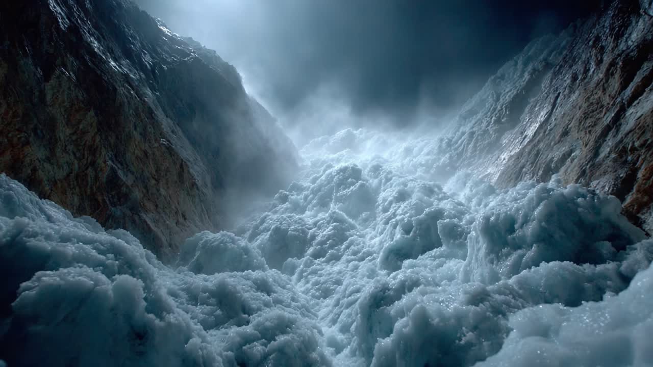 A Majestic Display of Turbulent Waters: Exploring the Powerful Surge of Ocean Waves Between Rugged Cliff Faces in a Mystical Light