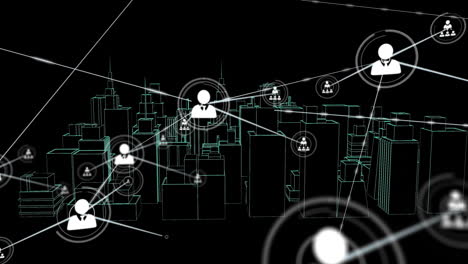 animación de la red de conexiones con iconos sobre el dibujo de la ciudad en 3d