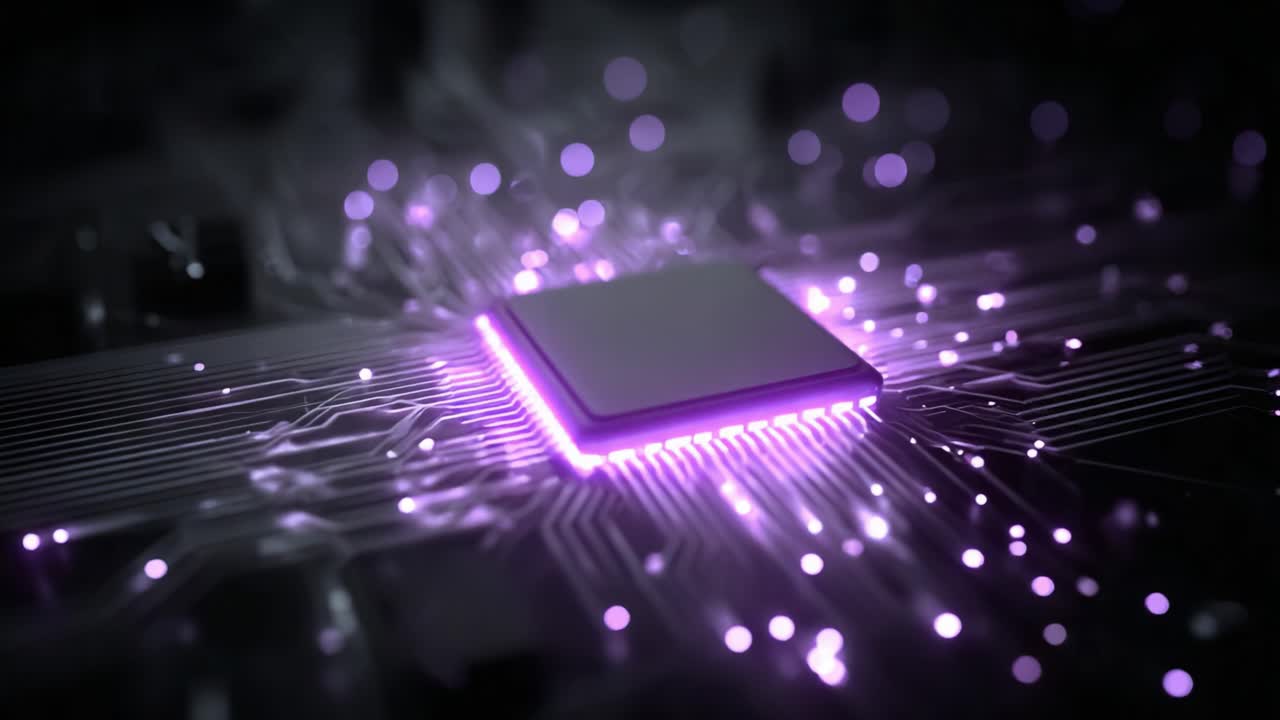 Udforskning af avanceret teknologi: Et nærbillede af en central processor omgivet af strålende kredsløb og digitale forbindelser, belyst i et lilla skær.