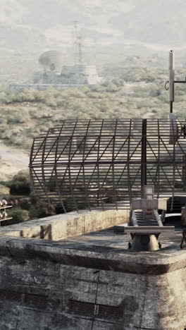 a large radar antenna on a military base