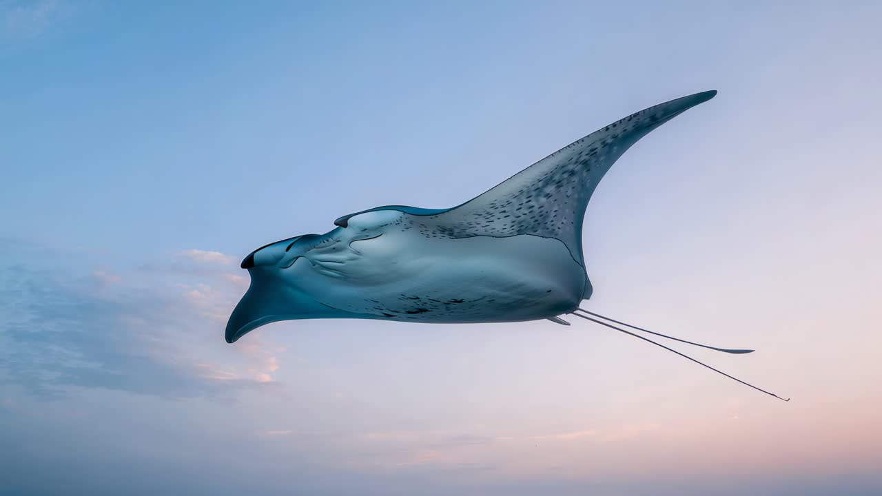 Entering from left, gliding manta ray showing cephalic lobes and tail filaments at sea near dawn