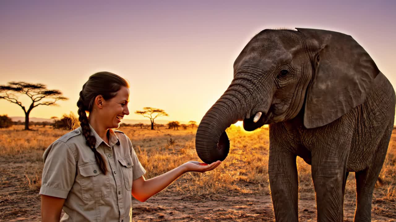 Woman interacting with an elephant during a safari at sunset