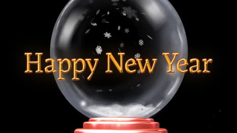 animation of happy new year text over snow globe on black background