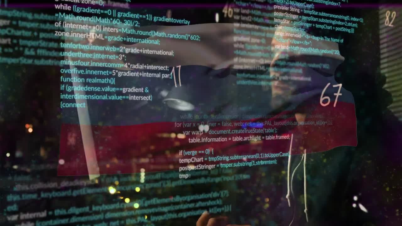 animación de un hacker caucásico sobre el procesamiento de datos y la bandera de rusia