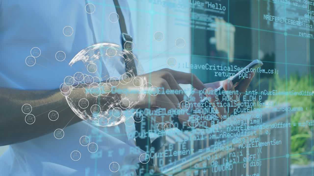 스마트폰을 사용하는 카우카스계 사업가에 대한 금융 데이터 처리 애니메이션