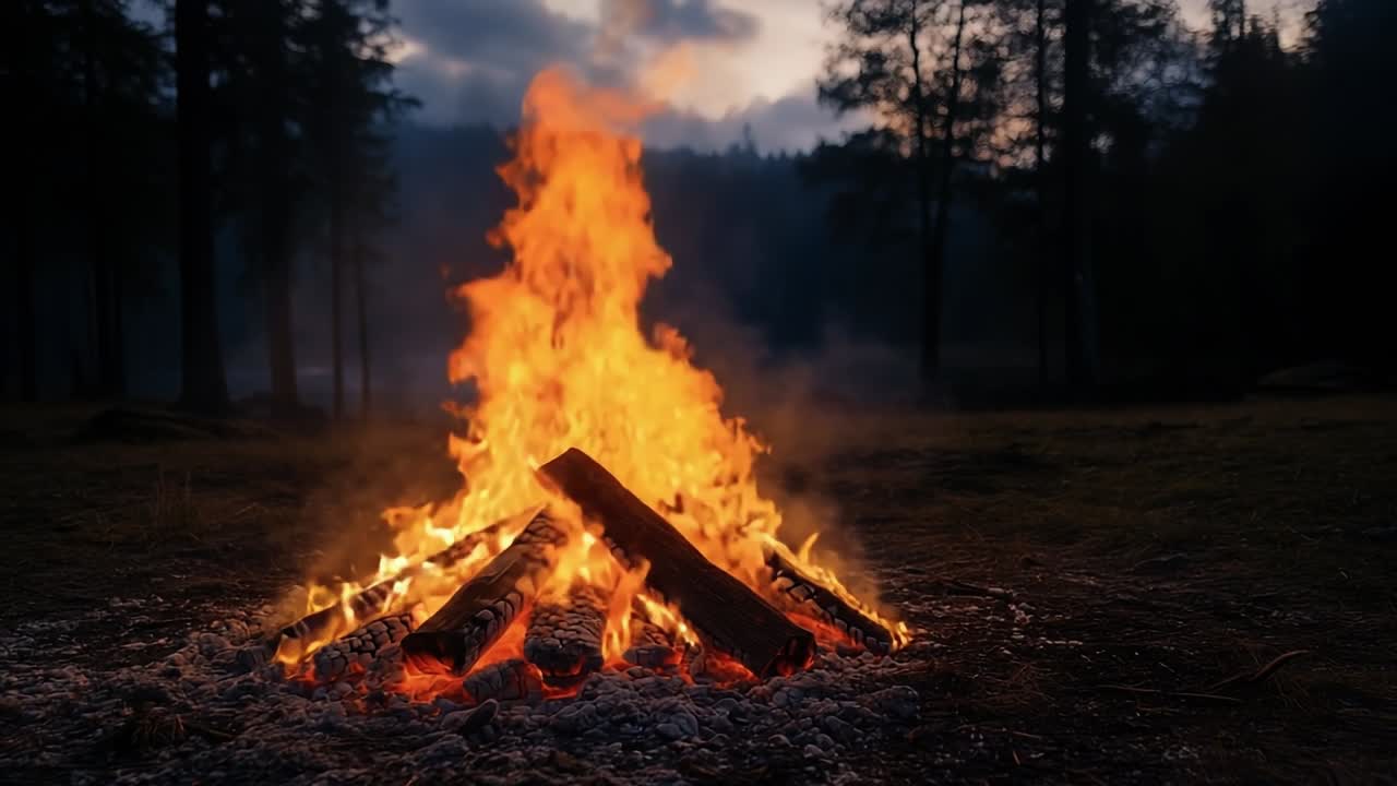 Evening campfire glowing in the forest. A large campfire crackles warmly, surrounded by trees at dusk, offering a cozy gathering spot for campers.
