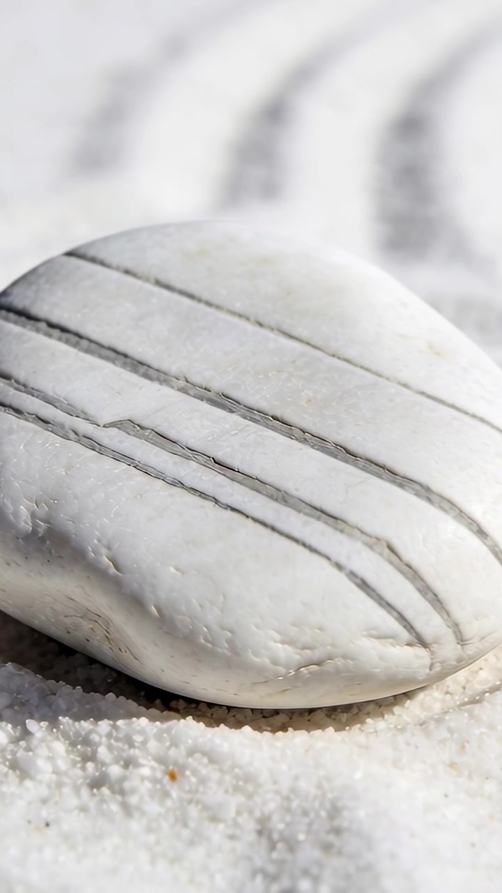 Vertical video: Shifting camera, white stone revealing three gray veins on zen sand to show texture