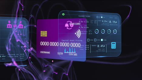 animation of financial data processing and credit card over light trails on black background