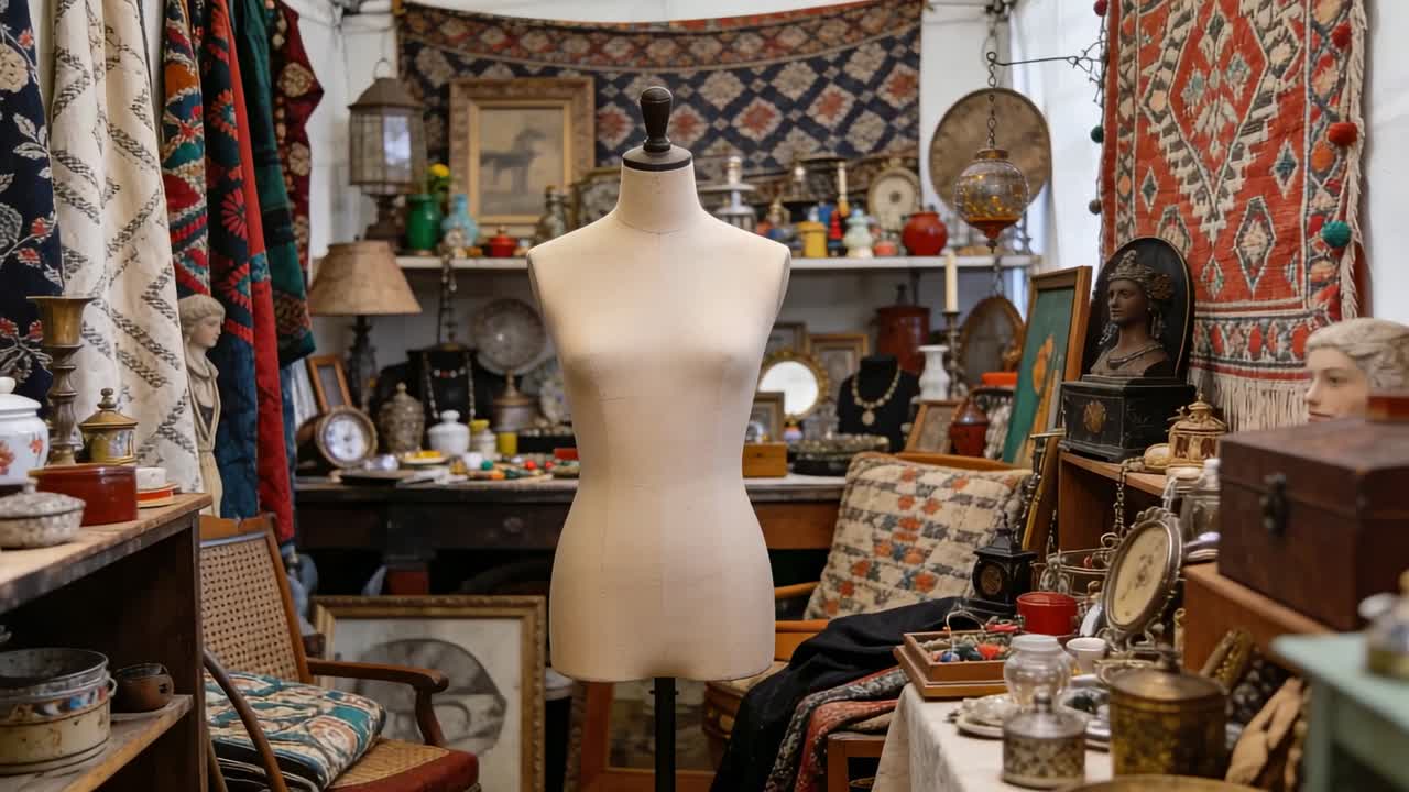 La cámara se acerca con zoom hacia un maniquí de modista color crema en una tienda de antigüedades, enfatizando el torso.