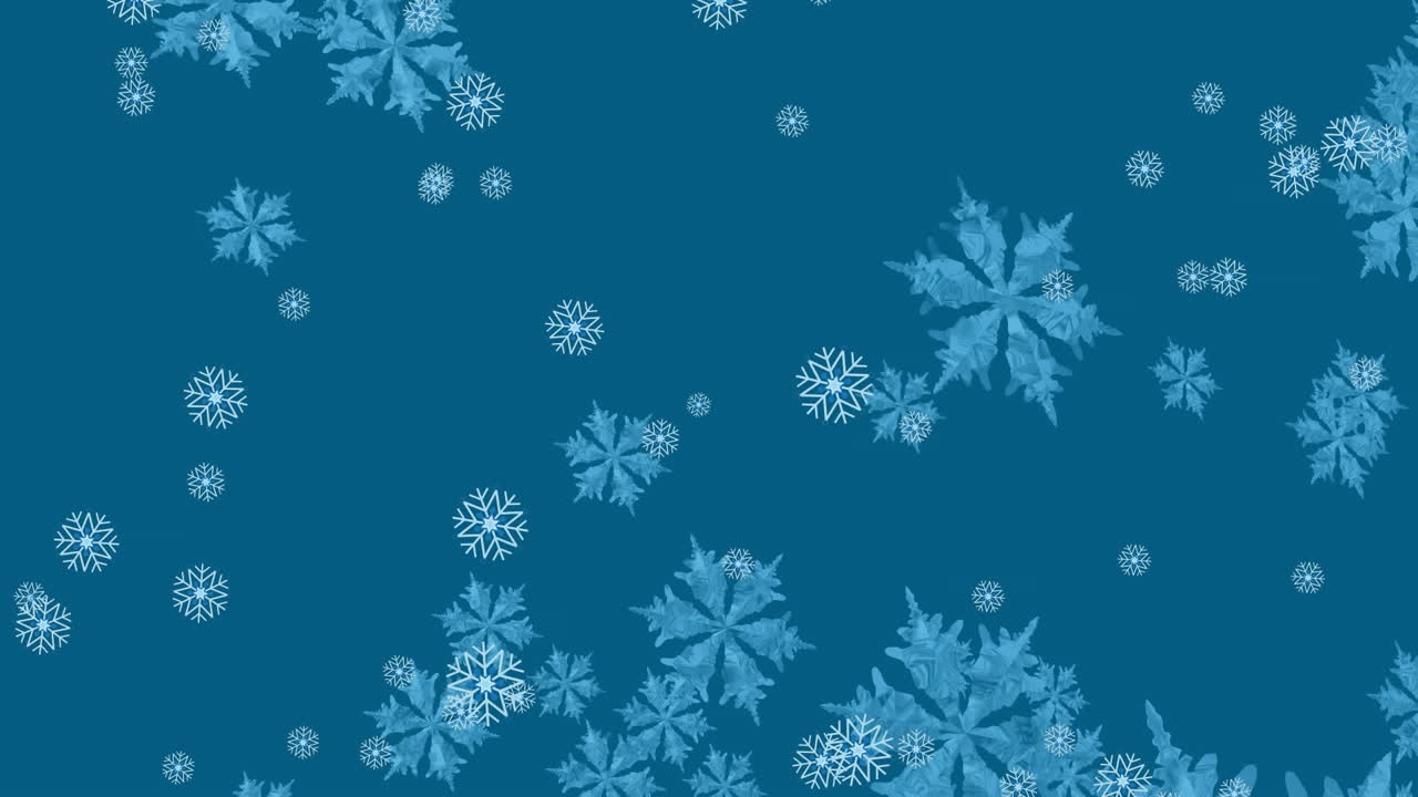 Digital animation of multiple snowflakes falling against blue background