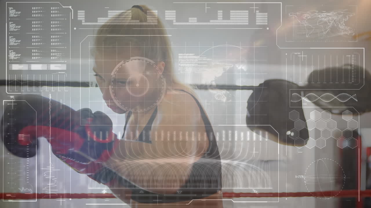 procesamiento de datos contra una boxeadora caucásica practicando sus golpes en el ring de boxeo