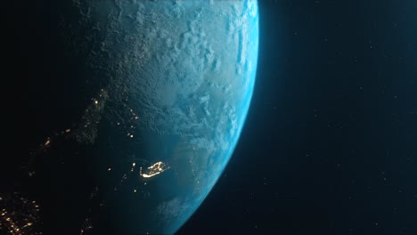 Filmischer-Blick-Auf-Den-Planeten-Erde-Aus-Dem-Weltraum,-Motion-Graphics-Video-Zeigt-Die-Rotierende-Erde-Mit-Stadtlichtern-Auf-Der-Schattenseite