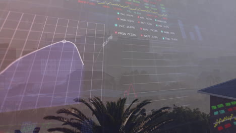 animation of financial data processing over cityscape