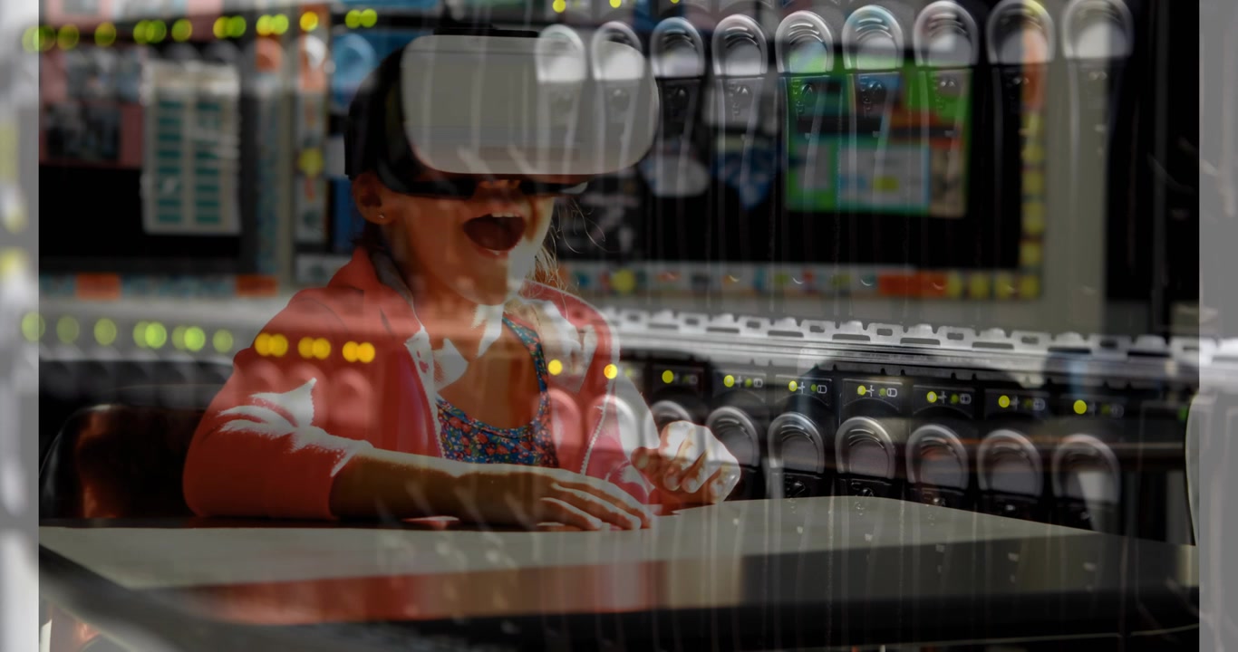 Animação de sala de servidores sobre garota usando óculos de realidade virtual.
