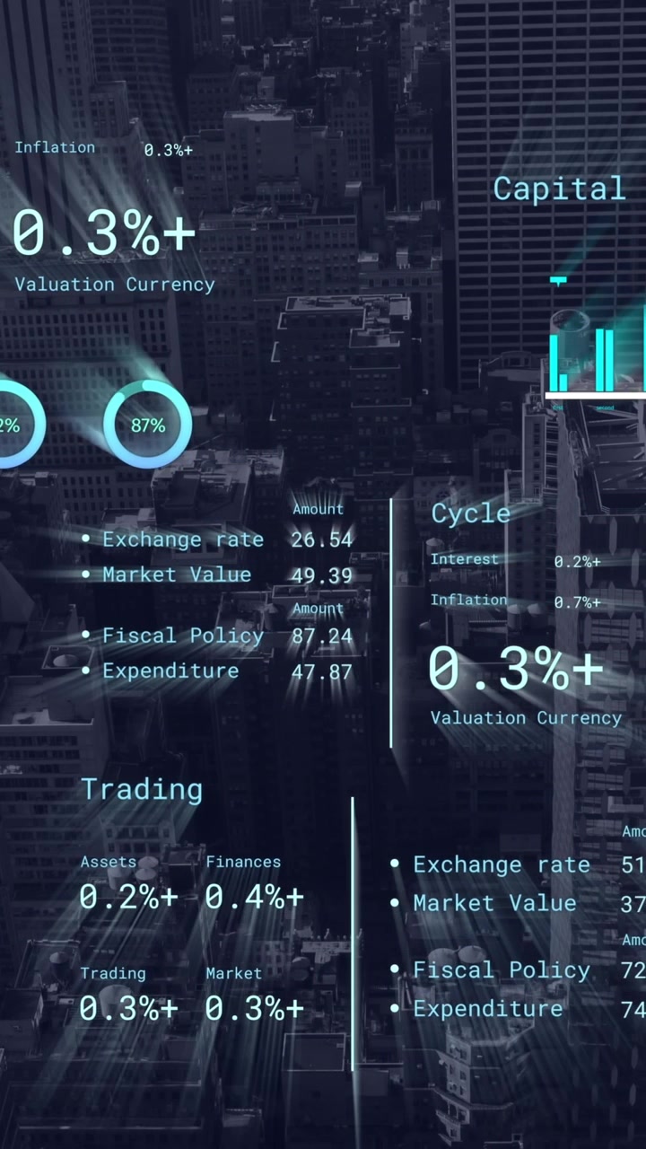 Animation of financial data processing over cityscape