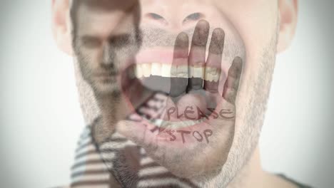 animación de un hombre caucásico con por favor detenga el texto en la mano sobre el hombre con la boca abierta