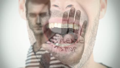 animation of caucasian man with please stop text on hand over man with mouth open