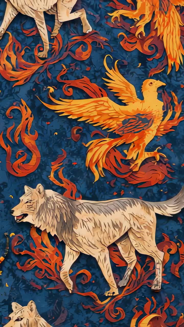 Vertical video: Camera tilting downward revealing phoenix, wolf and tiger on wall with flames