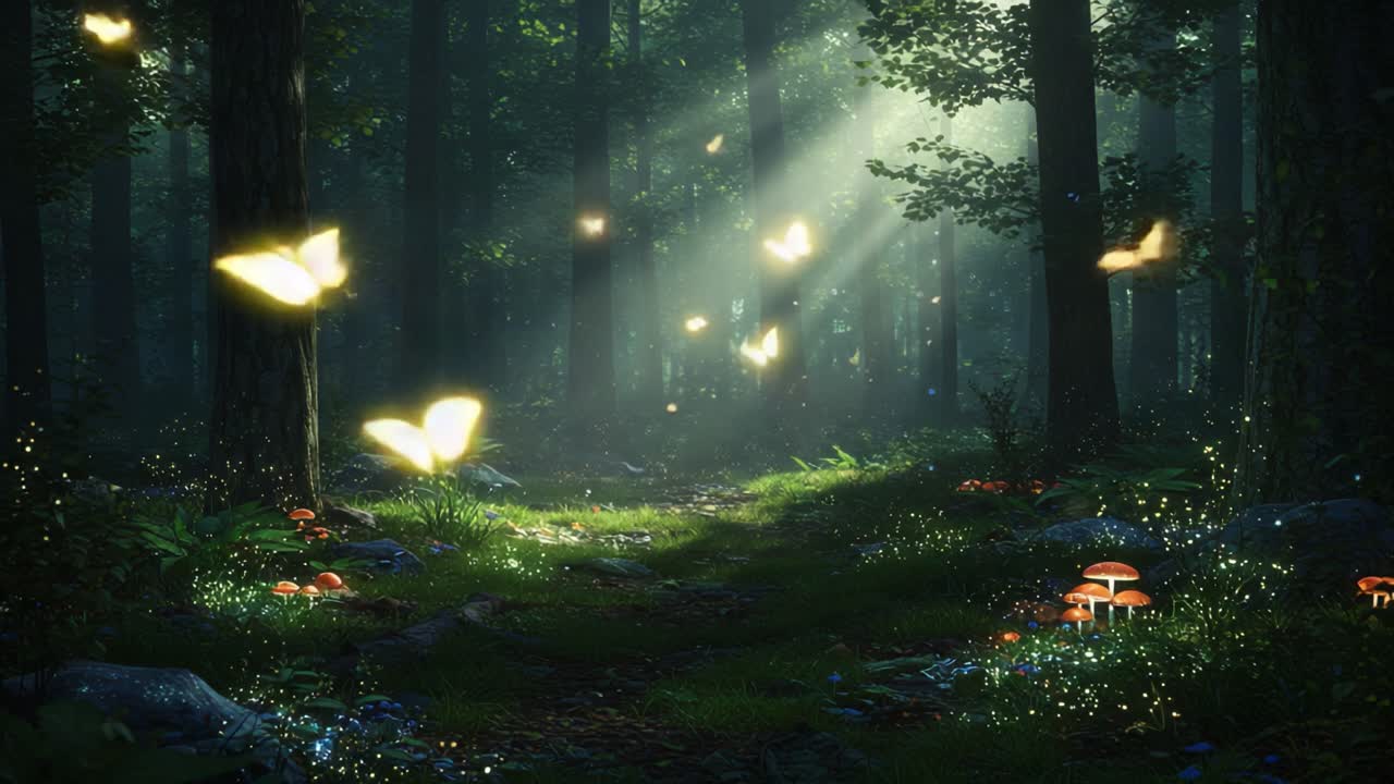A Magical Forest Scene Illuminated by Sunlight, With Glowing Butterflies and Vibrant Mushrooms, Creating an Enchanted Atmosphere in Nature's Heart