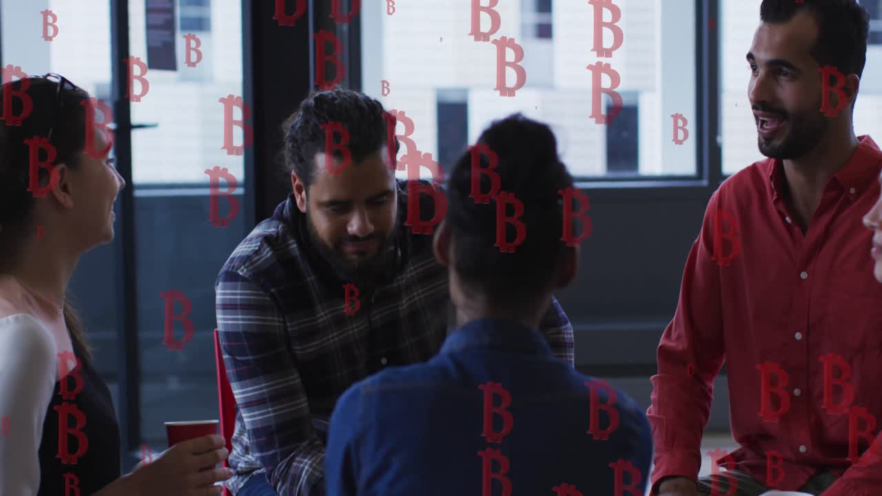 Animation of bitcoins falling over diverse group of people