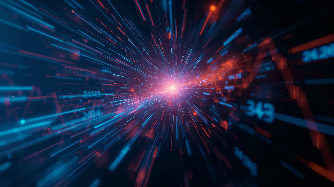 Pulsing pink-white light driving radial streaks elongating numeric overlays shifting in data tunnel