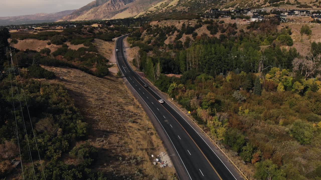 Drone shot of canyon road near Little Cottonwood Canyon in Salt Lake City, Utah