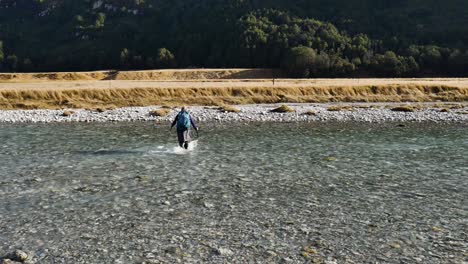 woman with backpack walking crossing flowing river at hike in new zealand during sunny day - rear view