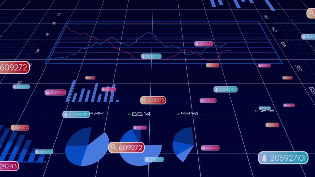 Bright blue line chart being animated with red and blue trend lines flowing across dark grid
