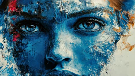 unique blue portrait artwork featuring striking eyes and abstract elements