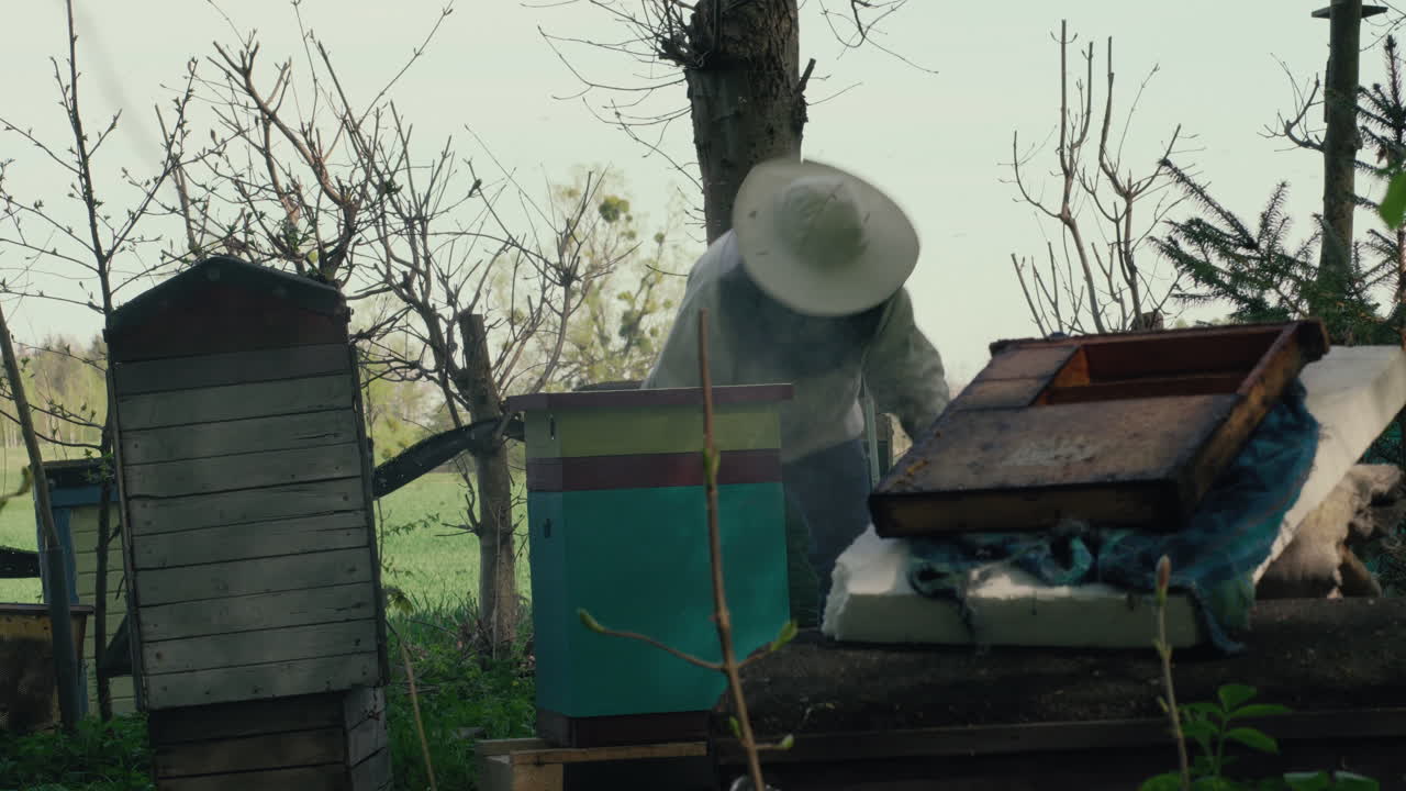 Beekeeper Tending To His Apiary. Locked Off