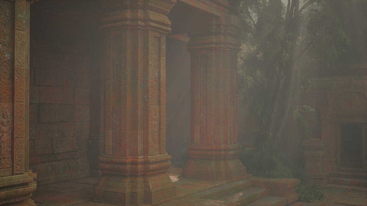 Foggy view of building with columns and trees in background