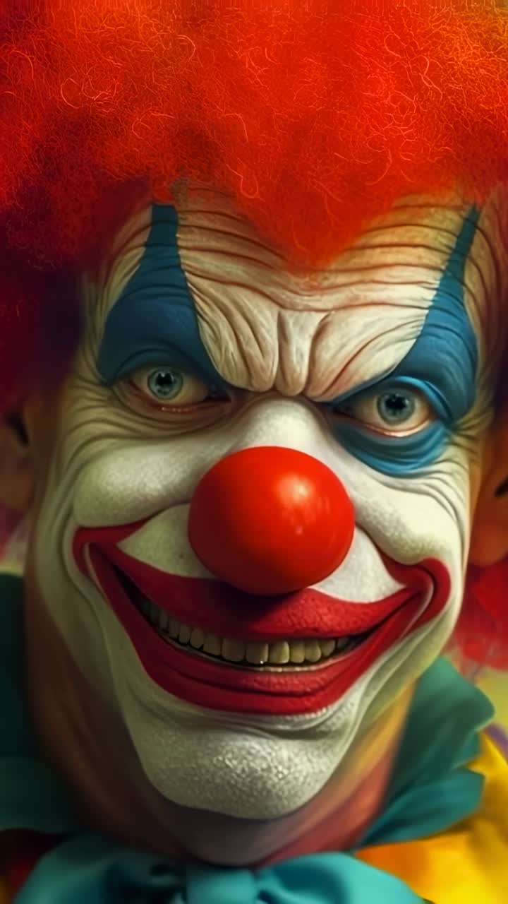 Vertical video: Opening shot clown widening gaze blinking bowing in studio with red nose orange wig