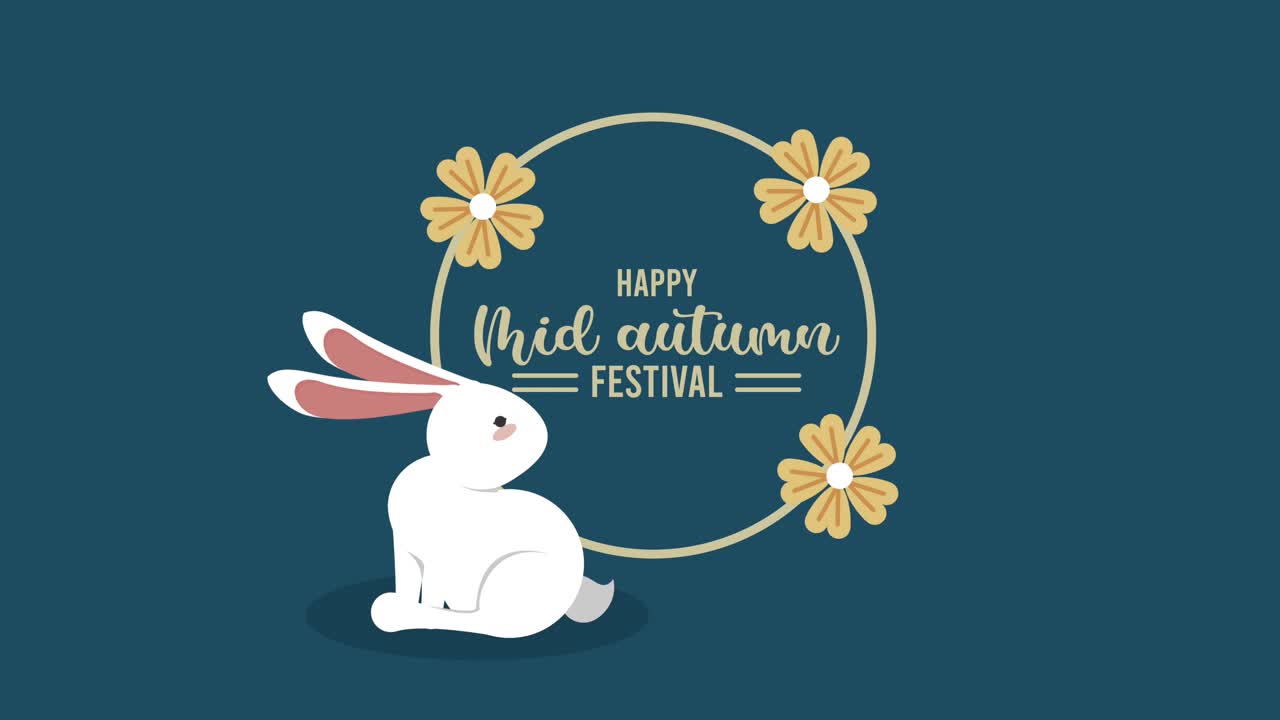 happy mid autumn festival lettering with rabbit and floral frame