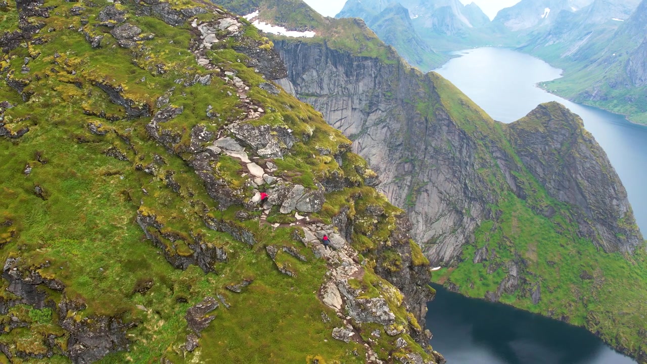 Video drone 4K ad alta risoluzione delle Isole Lofoten. Presenta epiche riprese aeree di Reinebringen, paesaggi artici e natura incontaminata. Ideale per progetti cinematografici