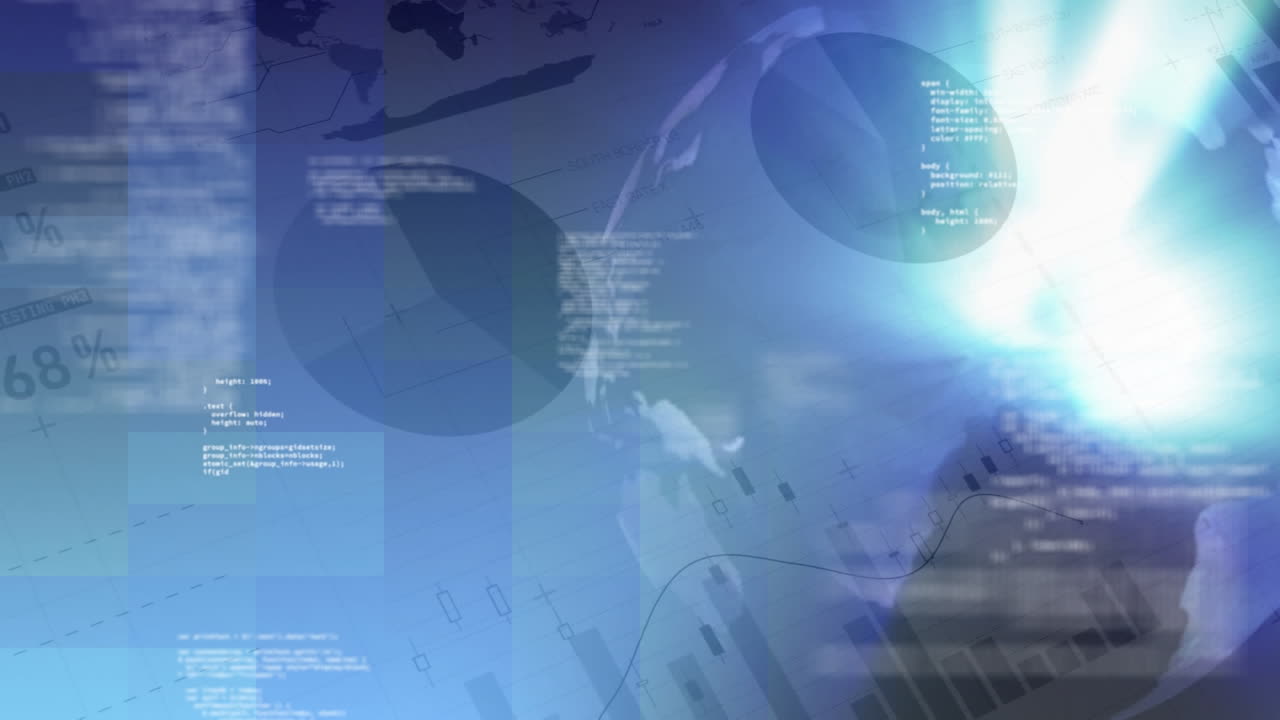 코드와 금융 데이터로 둘러싸인 회전하는 지구