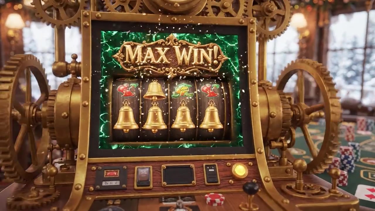A Magical Steampunk Casino Experience Featuring a Slot Machine Generating Enchantment Amidst a Cozy Winter Wonderland with Casinovibes and Rich Decor