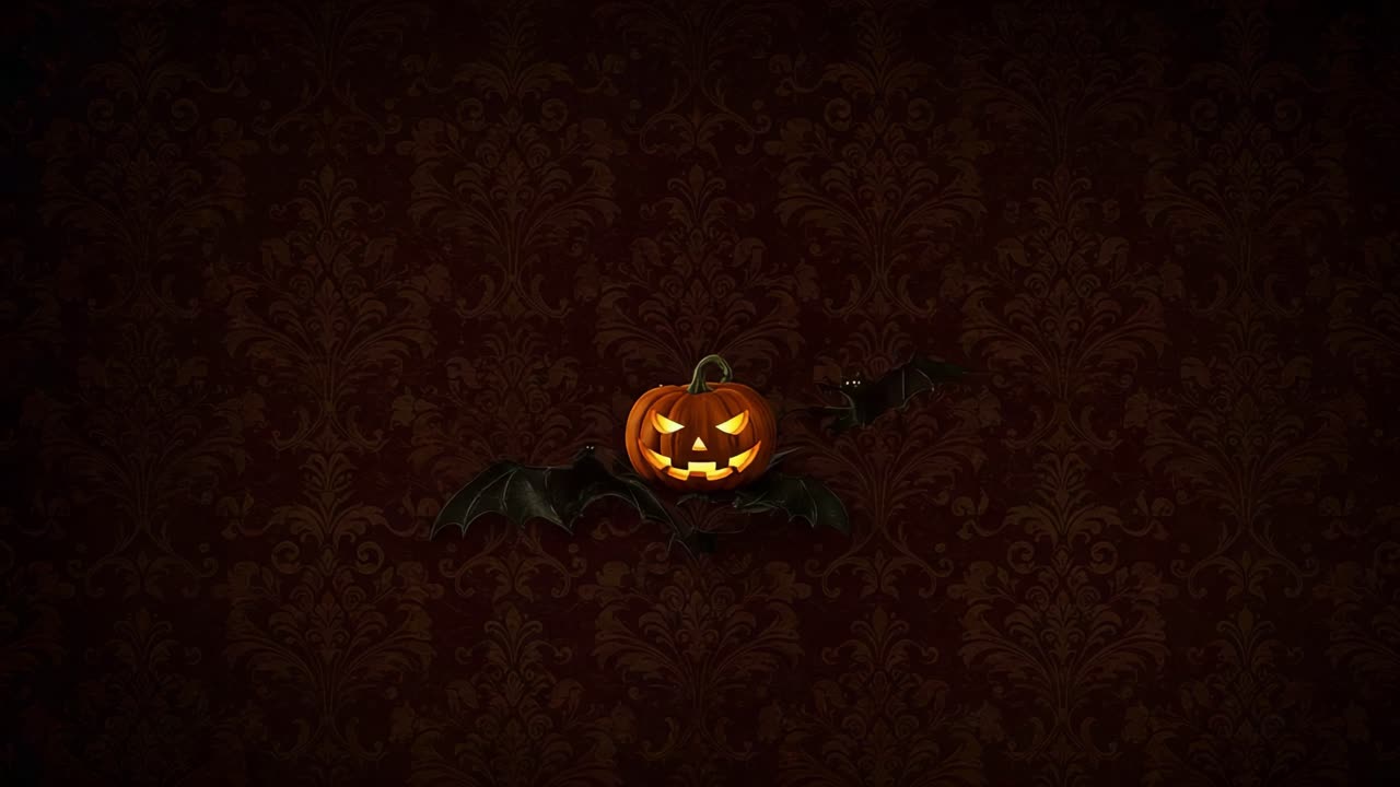 Creepy Halloween Pumpkin with Grinning Face and Bats Against Ornate Background – A Spooky Atmosphere Perfect for Celebrating the Halloween Season