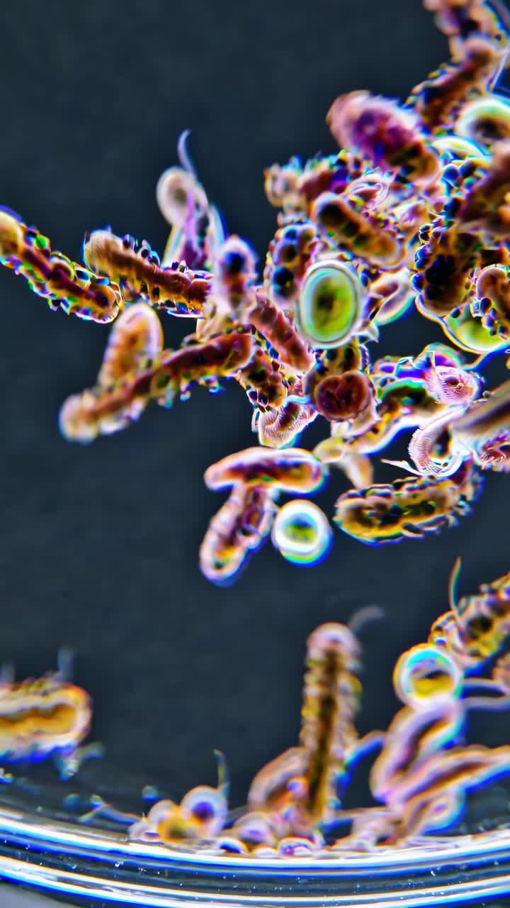 Fotogramma di un video ravvicinato di batteri colorati e luminosi in movimento, ripreso da un angolo alto