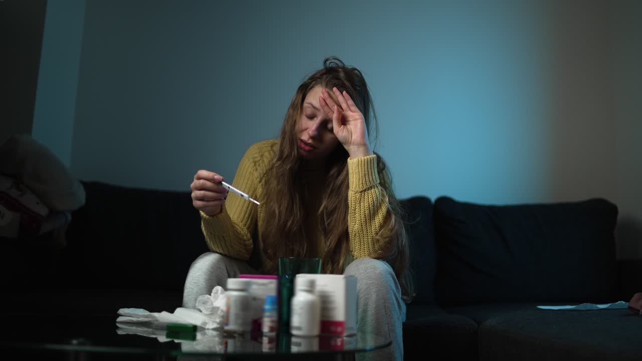 Donna che tiene in mano un termometro mentre si sente male a casa. Concetto di assistenza sanitaria, sintomo di febbre, diagnosi di malattia e trattamento influenzale