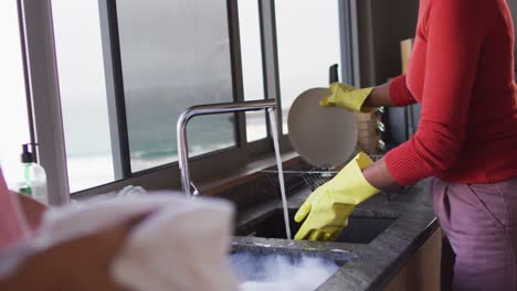 Video-of-happy-biracial-woman-washing-dishes