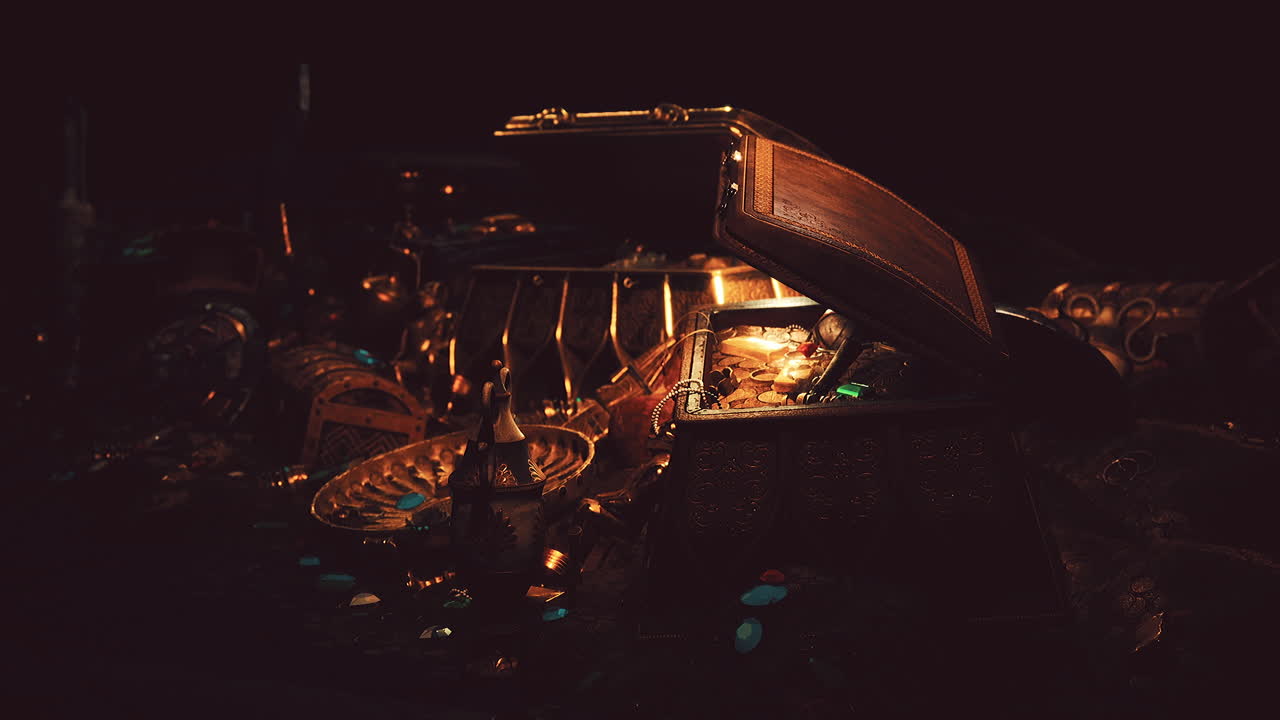 금 동전 이 들어 있는 보물 상자 를 열