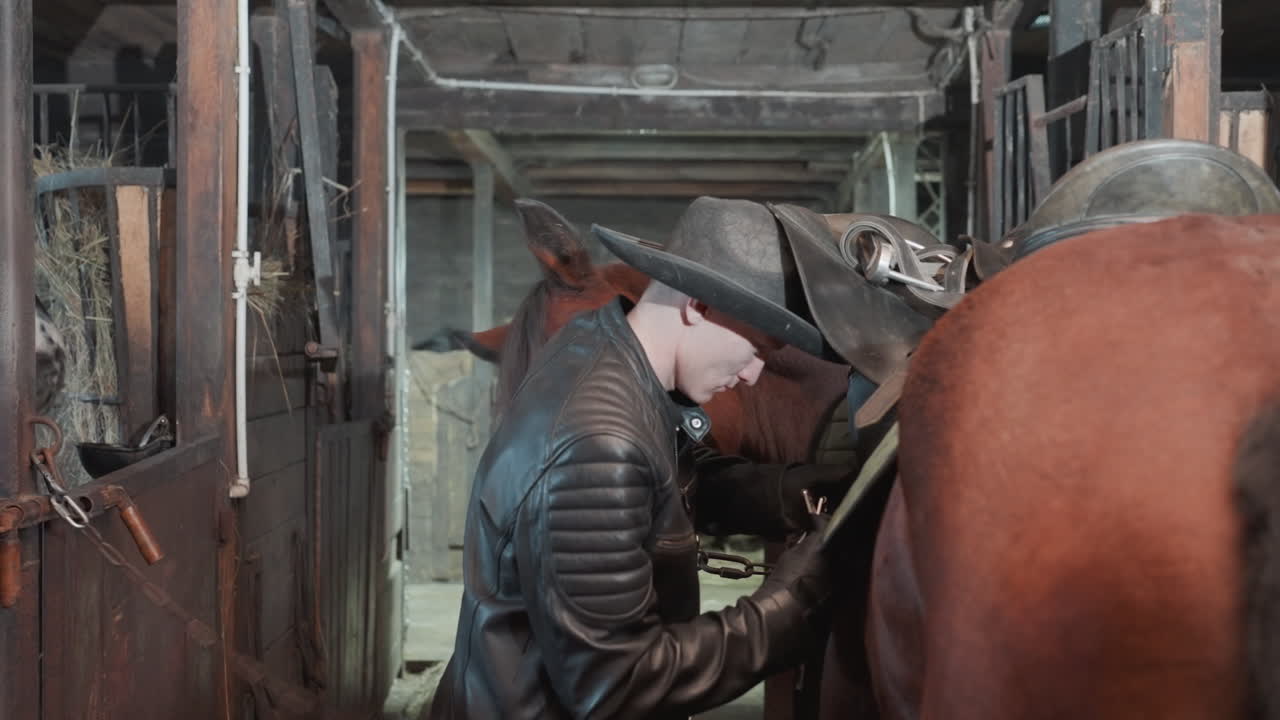 Hvid mand justerer trense nær hest i stald, lærling fokuserer på tøjler og spænder, stille praktisk læring, læderudstyr og cowboyhat, intimt træningsmoment i fællesskab fokuseret på færdigheder.